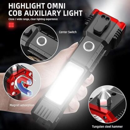 Torch Light, LED 3W Torch Light Rechargeable Torch Flashlight, Long Distance Beam Range Car Rescue Torch with Hammer Window Glass and Seat Belt Cutter Built Portable - Image 2